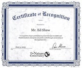 Certificate of Recognition from The Nature Conservancy presented to Mr. Ed Shaw on June 5, 2020.