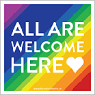 All Are Welcome Here with rainbow background